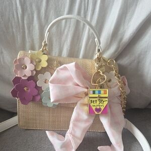 Betsey Johnson Straw Top-Handle Bag with Pink Gingham Bow and Floral Appliqués